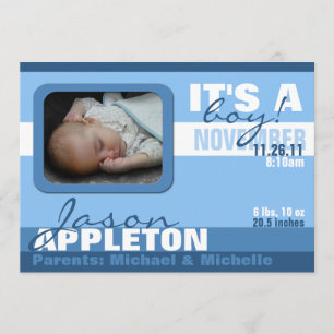 Faire-part Annonces de naissance de garçon bleu tendance mode