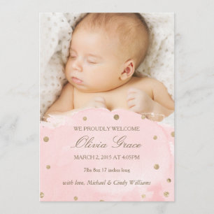 Faire-part Annonces de naissance Gold Foil et Pink Watercolor