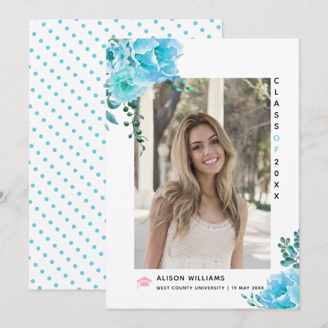 Faire-part Aqua blue flowers Classe de 2025 graduation photo (Devant / Derrière)