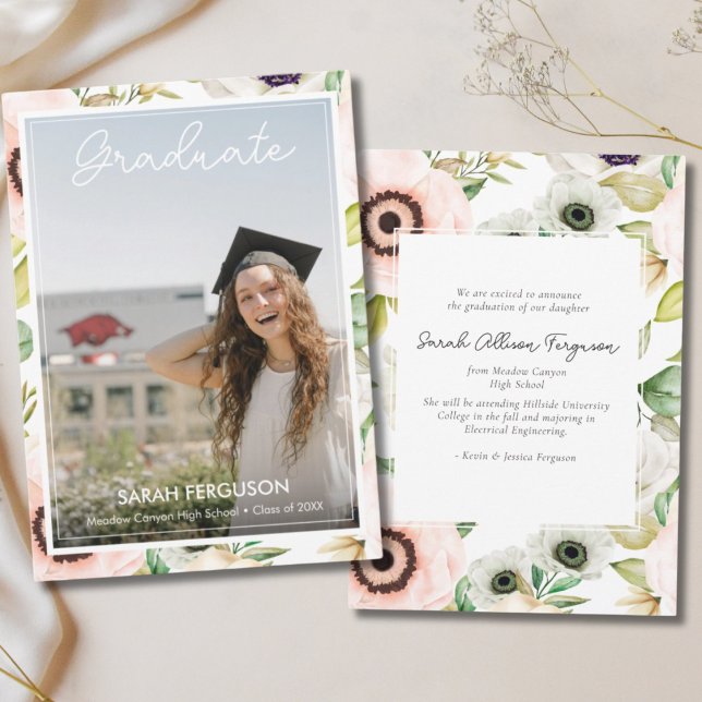 Faire-part Aquarelle Anémones Floral Photo Graduation (Floral Graduation Announcement)