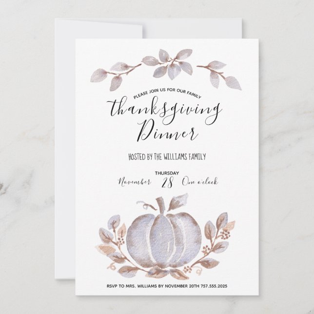Faire-part Aquarelle blanche Citrouille Thanksgiving Invitati (Devant)
