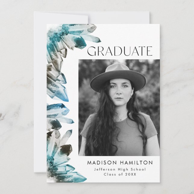 Faire-part Aquarelle bleu turquoise Crystal Photo Graduation (Devant)