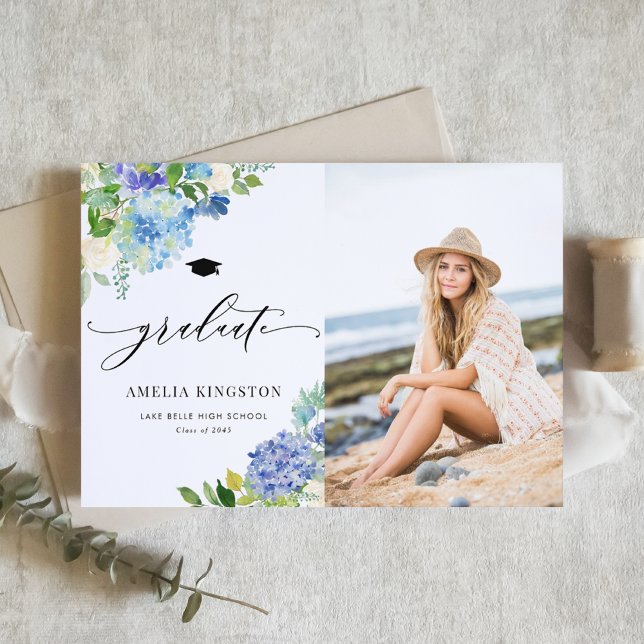 Faire-part Aquarelle Blue Hydrangea Floral Photo Graduation (Watercolor Blue Hydrangea Floral Photo Graduation Announcement)