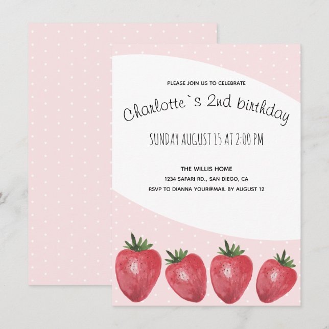 Faire-part Aquarelle de fraises peinte à la main sur Blush (Devant / Derrière)