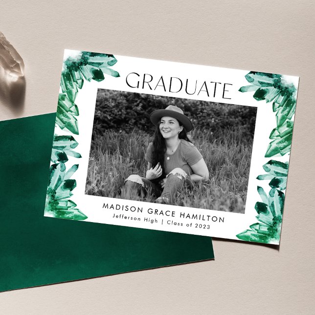 Faire-part Aquarelle Emerald Green Crystal Photo Graduation (Créateur téléchargé)