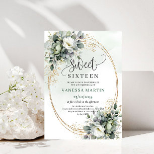 Faire-part aquarelle Eucalyptus Gold Boho Sweet 16