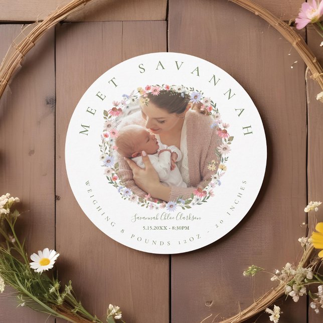 Faire-part Aquarelle Fleur sauvage Floral Wreath Photo Baby (Watercolor Wildflower Floral Wreath Photo Baby Announcement)