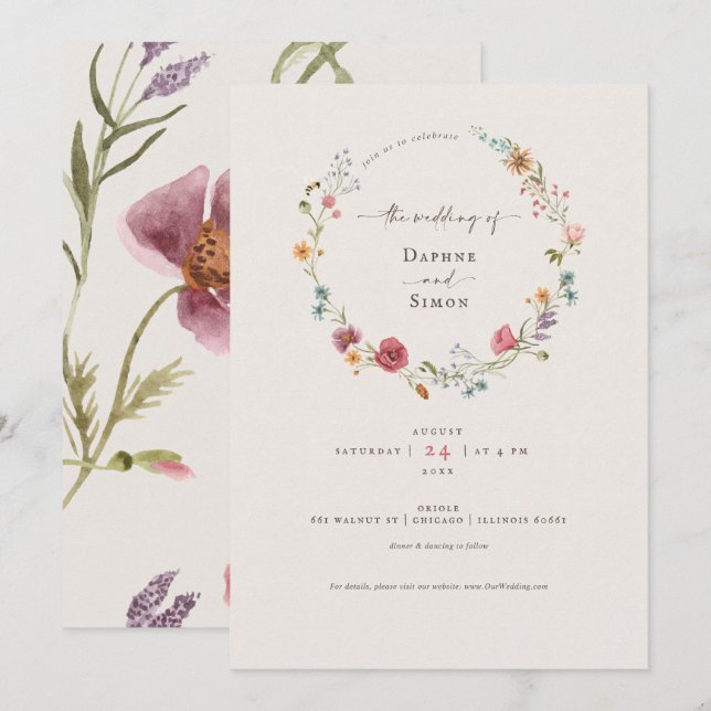 Faire-part aquarelle fleurs sauvages (Devant / Derrière)