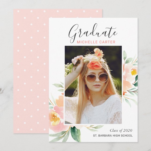 Faire-part Aquarelle Floral Photo Graduation (Devant / Derrière)