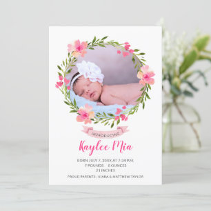 Faire-part Aquarelle Floral Wreath Photo Naissance