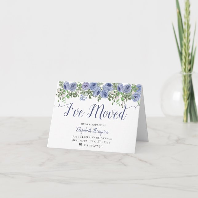 Faire-part Aquarelle Florale Dusty Blue J'ai déménagé (Devant)