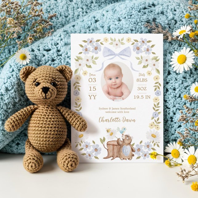 Faire-part Aquarelle florale Ours de bois Photo Bois Naissanc (Floral Watercolor Woodland Bear Boy Photo Birth Announcement)