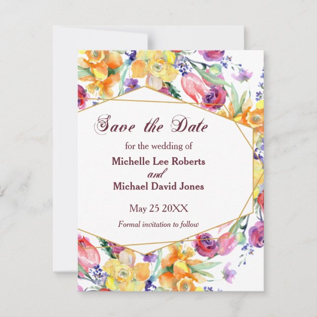 Faire-part Aquarelle florale sur blanc Enregistrer la date (Devant)