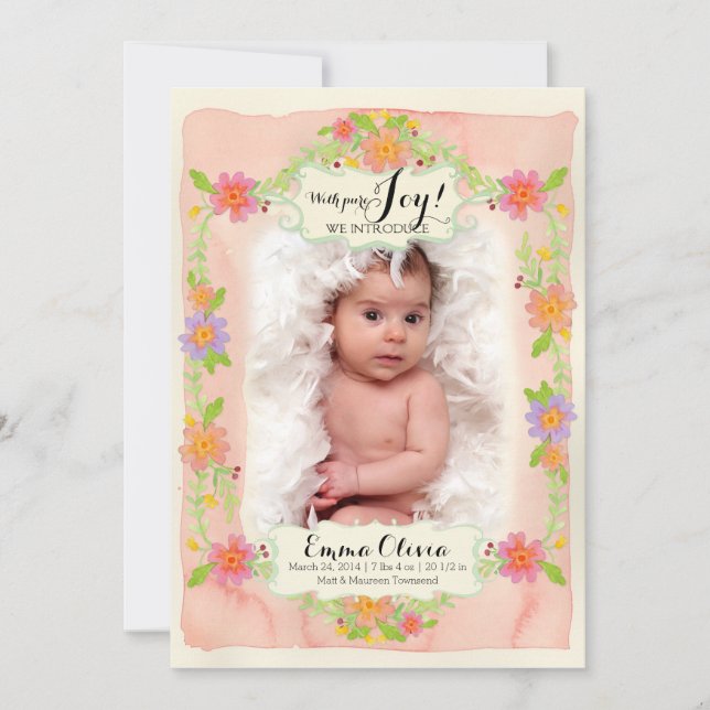 Faire-part Aquarelle Moderne Peinture Florale Enfant Fille Na (Devant)