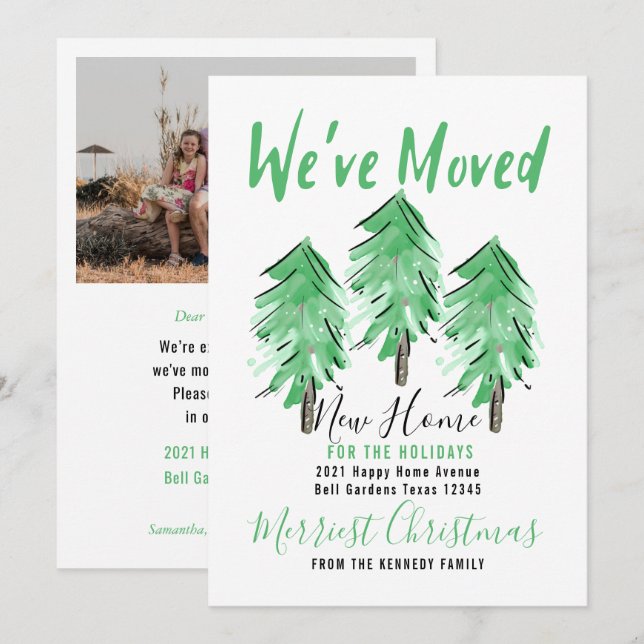 Faire-part Aquarelle Pine Arbre Nouvelle Maison Pour Les Vaca (Devant / Derrière)