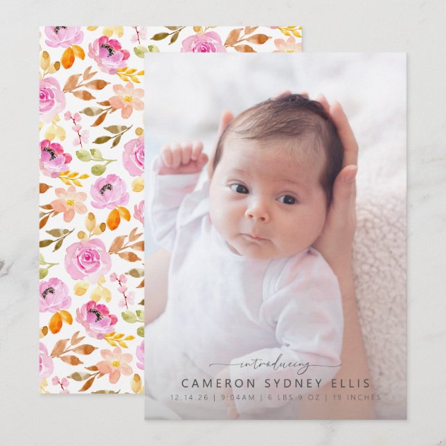 Faire-part Aquarelle rose d'été Floral Baby Photo Naissance A (Devant / Derrière)