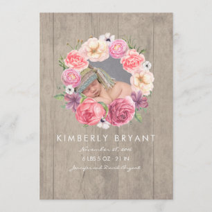 Faire-part Aquarelle rose Fleurs Photo Bébé Fille Naissance
