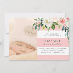 Faire-part Aquarelle rose florale Bébé fille photo naissance