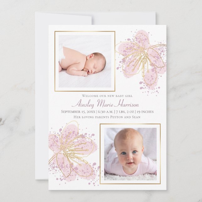 Faire-part Aquarelle rose or Floral Baby Girl 2 Photo (Devant)