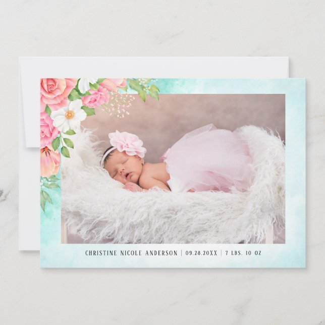 Faire-part Aquarelle Rose rose Floral Baby Girl Photo (Devant)