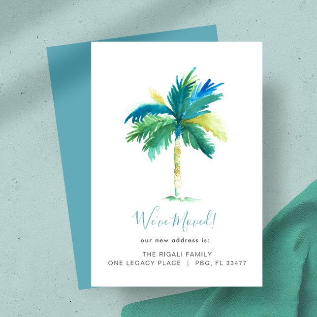 Faire-part Arbre de palmier à l'aquarelle tropicale Changemen (New home moving announcements feature watercolor palm tree art by Victoria Grigaliunas DoTellABelle)