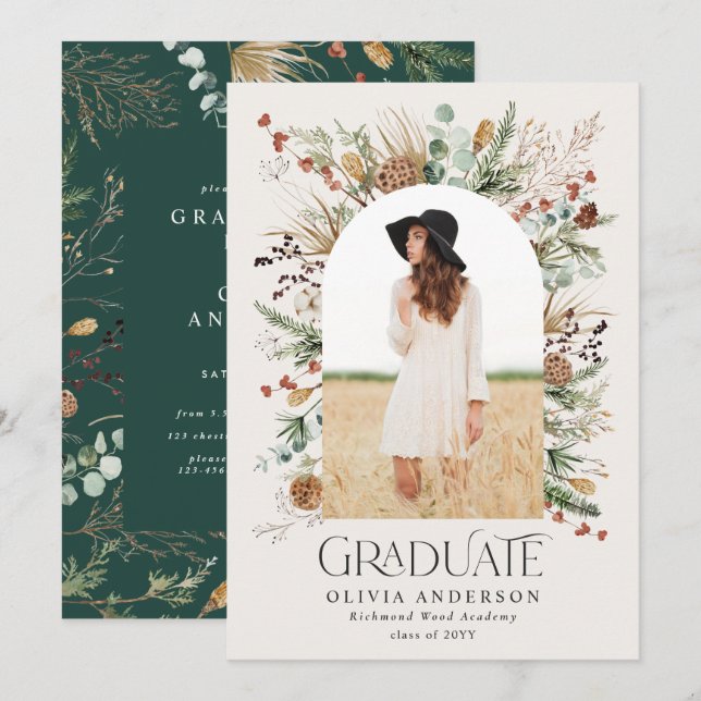 Faire-part Arc de grade photo vert botanique moderne (Devant / Derrière)