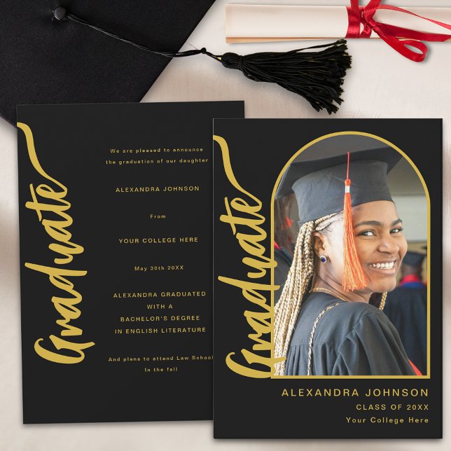 Faire-part Arch Photo Moderne Graduation (Arch photo black and gold elegant script graduation announcement card)