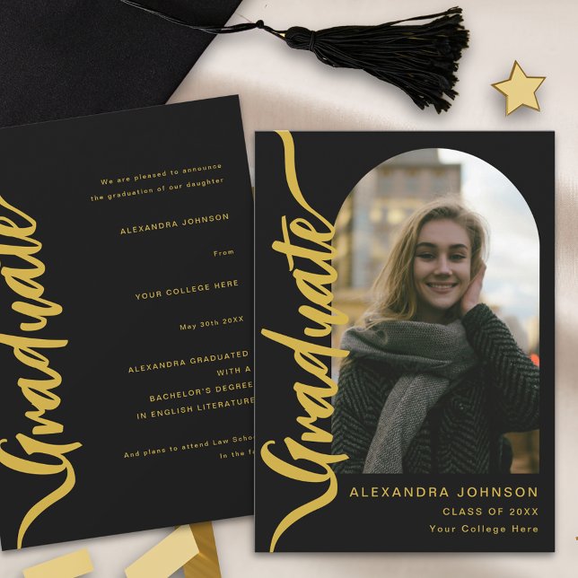 Faire-part Arche de photo moderne noir Gold Script (Modern Graduate photo arch Black and gold script Graduation announcement card)