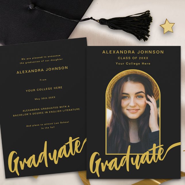 Faire-part Arche photo moderne Arch Gold Script noir (Modern gold script elegant arch photo template black Graduation announcement card)