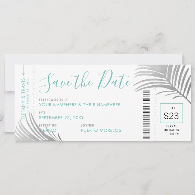 Faire-part Argent Aqua Palm Tree Embarquement Pass Enregistre (Devant)