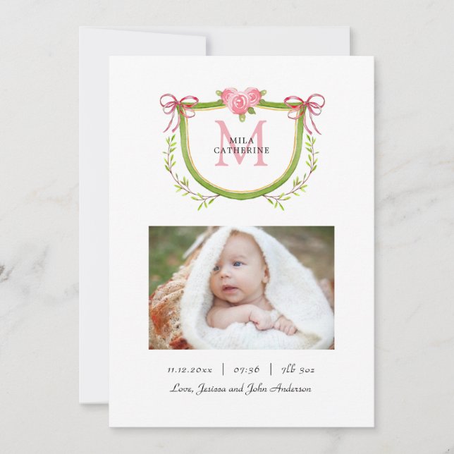 Faire-part Armoiries florales mignonnes avec monogramme Fille (Devant)