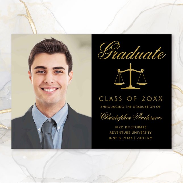 Faire-part Avocat Black Gold Script Photo Graduation ( Black and Gold Scales of Justice Photo Graduation Announcement for Lawyers)