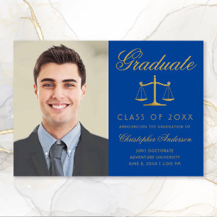 Faire-part Avocat Royal Blue Gold Script Photo Graduation
