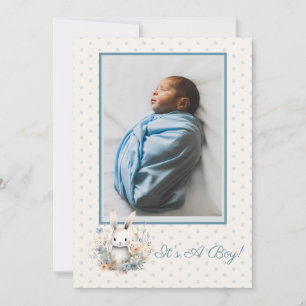 Faire-part Baby Boy Blue Rabbit and Flowers Baby Birth