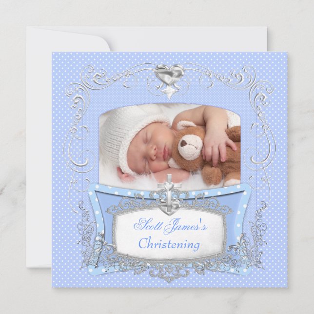 Faire-part Baby Boy Christening Baptême bleu Polka Dot (Devant)