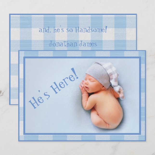 Faire-part Baby Boy En vichy Plaid Photo Moderne Naissance (Devant / Derrière)