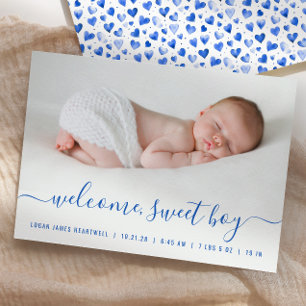 Faire-part Baby Boy Photo Bleu Script Coeurs Naissance