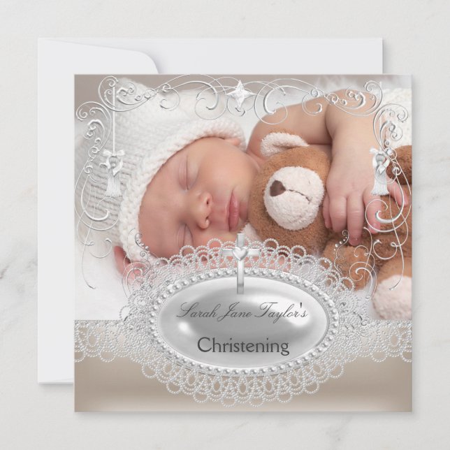 Faire-part Baby Christening Baptême Girl Boy Silver Cross (Devant)