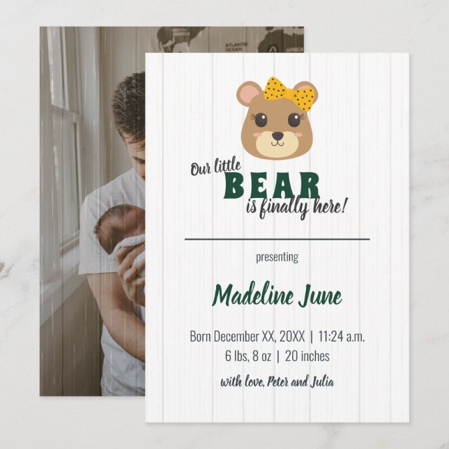 Faire-part Baby Girl Bear Vert & Or Vertical Baby (Devant / Derrière)