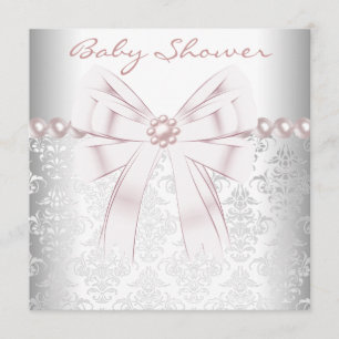 Faire-part Baby Girl Perles Roses Damassé Rose