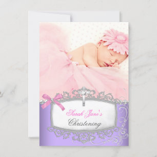 Faire-part Baby Girl rose pourpre Christening Baptism Cross