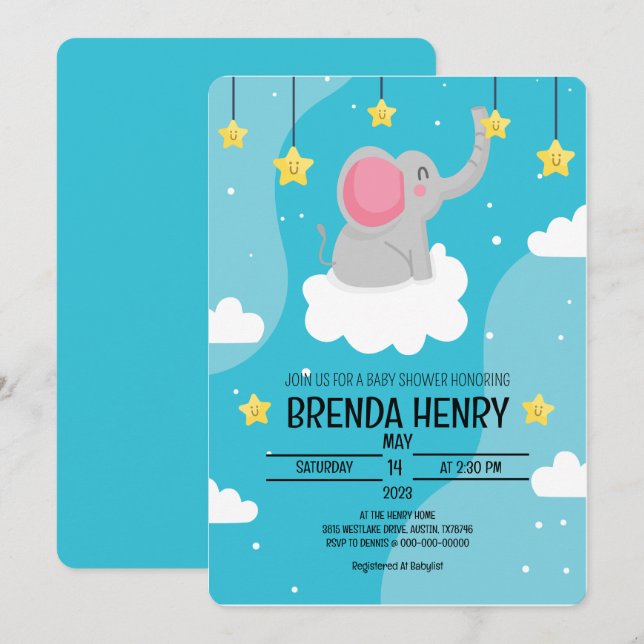 Faire-part Baby shower d'aquarelle Eléphant (Devant / Derrière)