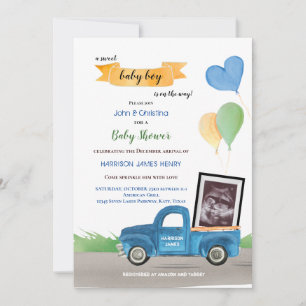Faire-part Baby shower de ballons verts Ultrasound Blue Truck