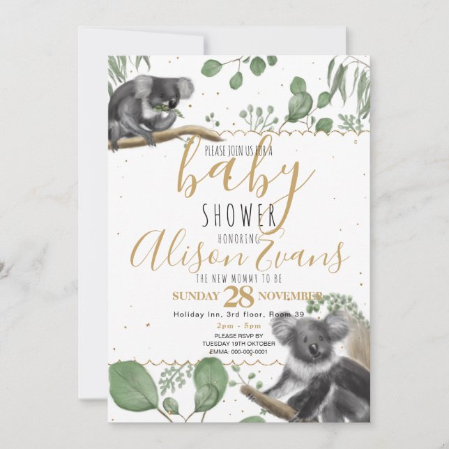 Faire-part Baby shower de parties scintillant en or Eucalyptu (Devant)
