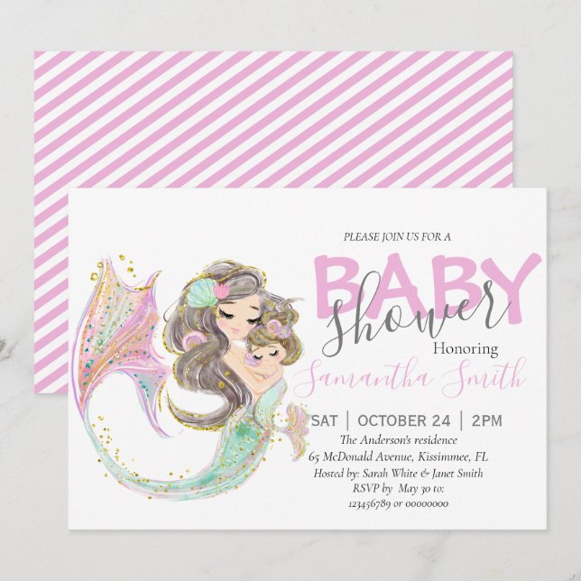 Faire-part Baby shower de sirène sous la mer (Devant / Derrière)