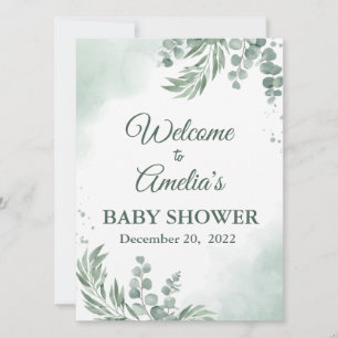 Faire-part Baby shower Floral Vert Sage Affiche de bienvenue 