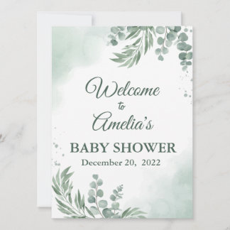 Faire-part Baby shower Floral Vert Sage Affiche de bienvenue 