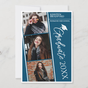 Faire-part Bandes Photo Simple Moderne Bleu Graduation
