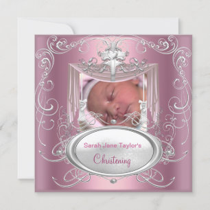 Faire-part Baptême de bébé Fille Rose Croix Argent