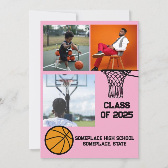 Faire-part Basket-ball 3 Photo Collage Pink Graduation (Devant)